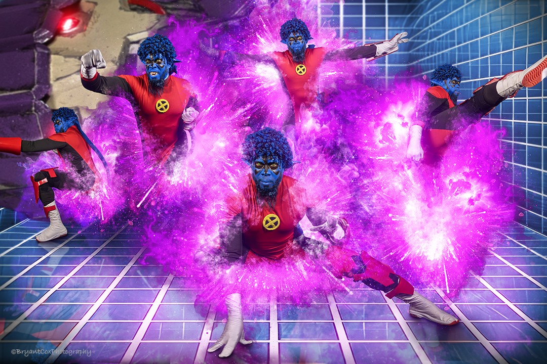 Four people dressed as mutants with blue faces and red costumes, surrounded by pink smoke, in a tiled room.