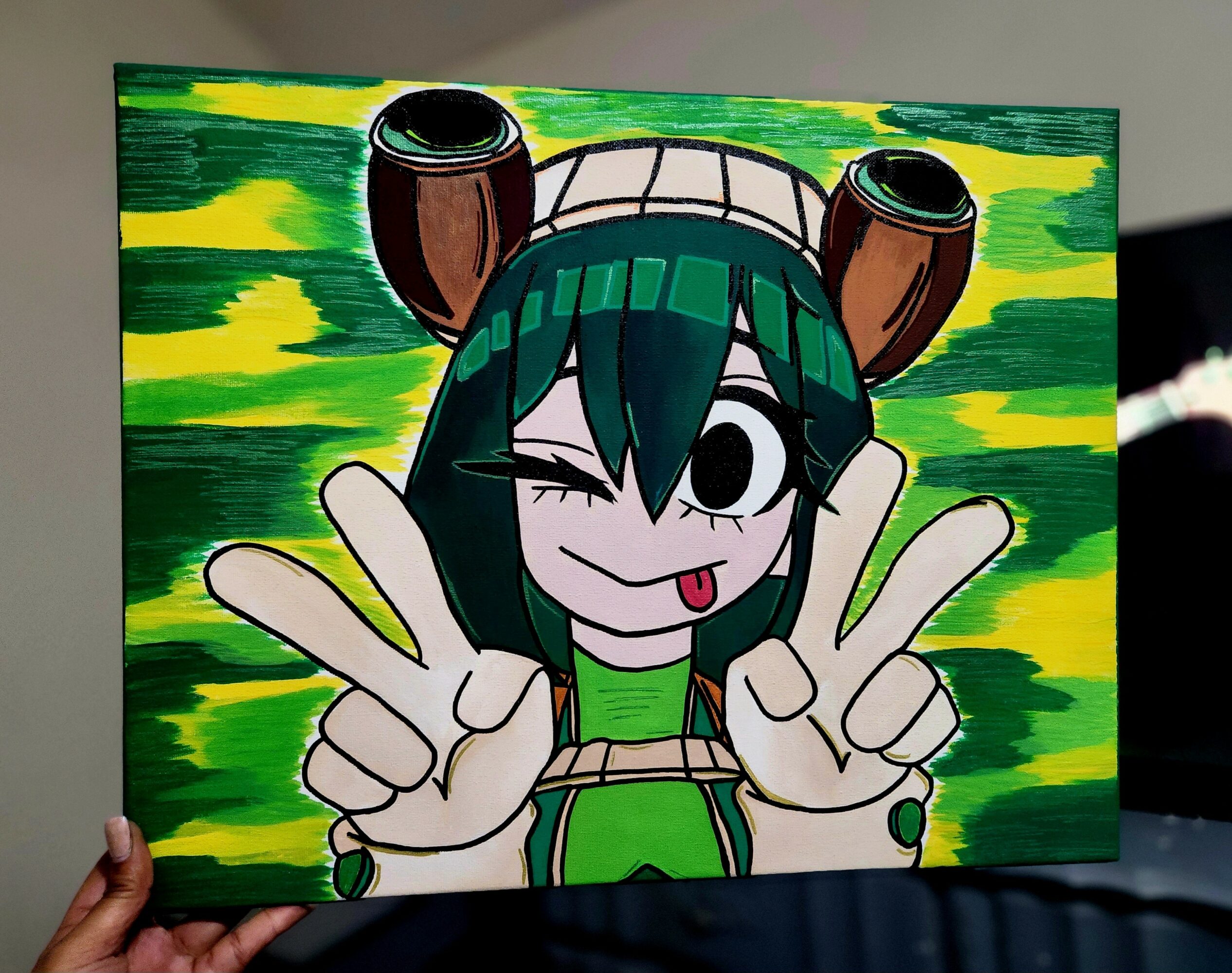Colorful cartoon character with green hair, making peace signs, winking, and sticking out tongue, with a green and yellow background.