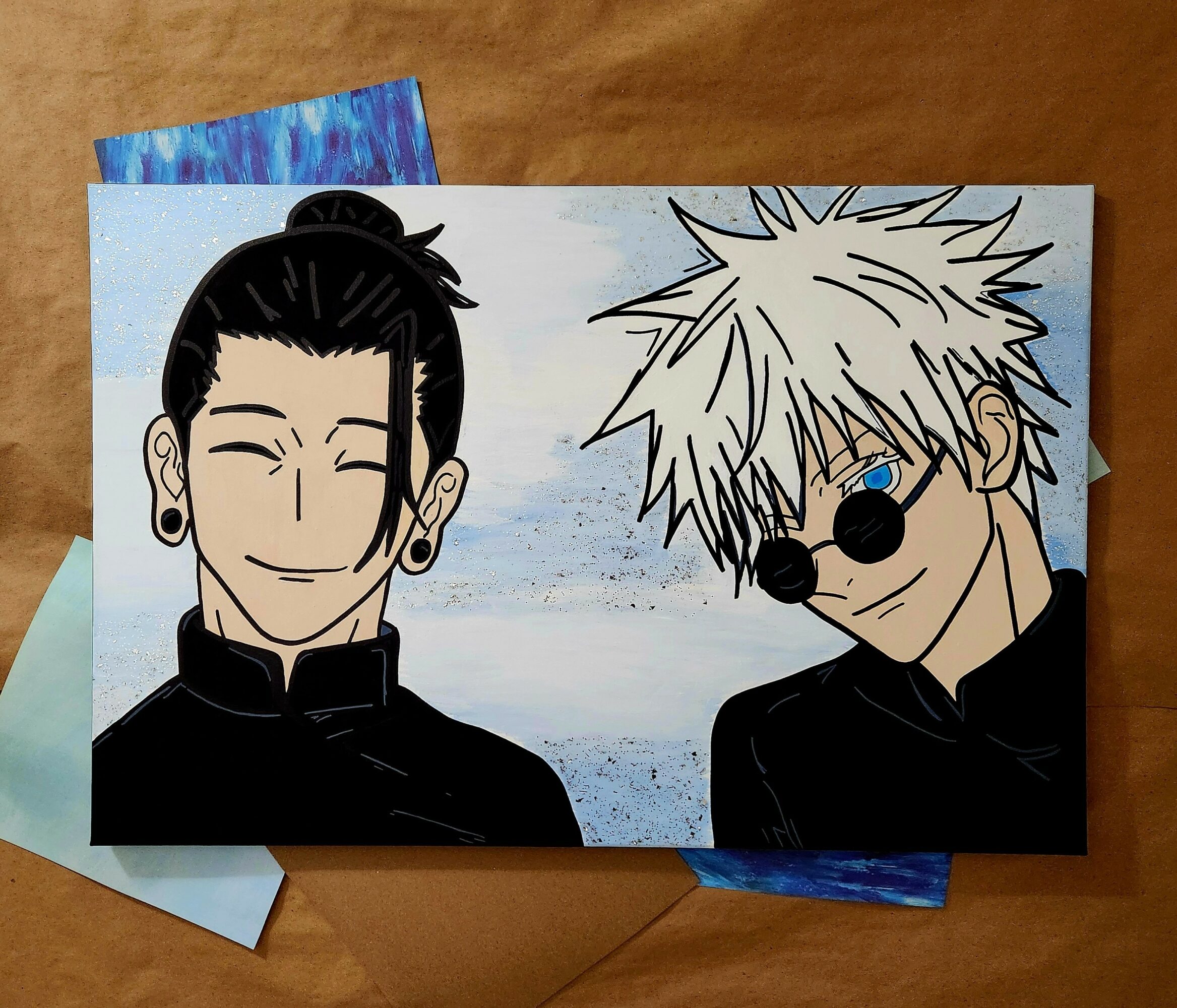 Two animated characters with spiky hair and sunglasses, smiling, on a blue and white background.