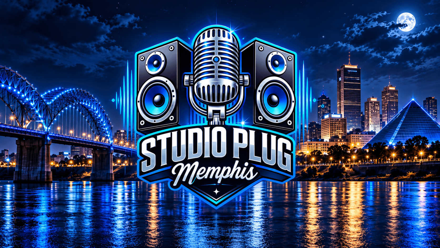 Nighttime city skyline with bridge, full moon, and water reflection, featuring a logo with a microphone and speakers for Studio Plug Memphis.