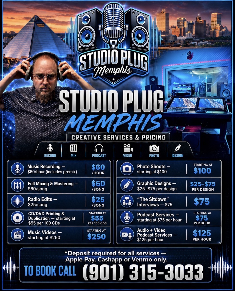 Promotional poster for Studio Plug Memphis featuring a DJ, city skyline, and music equipment, with contact information at the bottom.