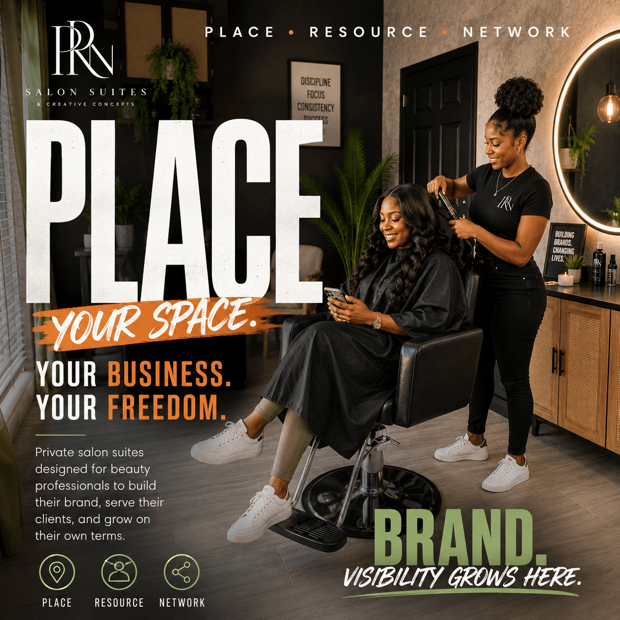 Salon interior with a woman getting a haircut, stylist working, large text 'PLACE YOUR SPACE', and smaller text about business and freedom.
