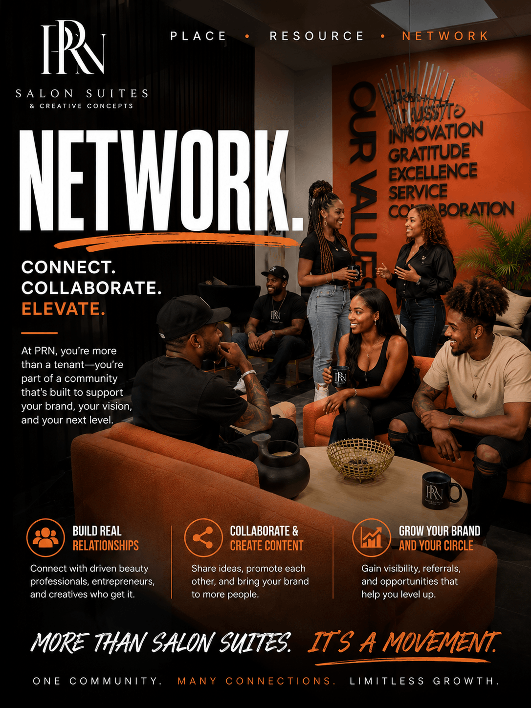 Group of people sitting and talking in a modern lounge with banners and branding for Network and Salon Suites, promoting connection and growth.