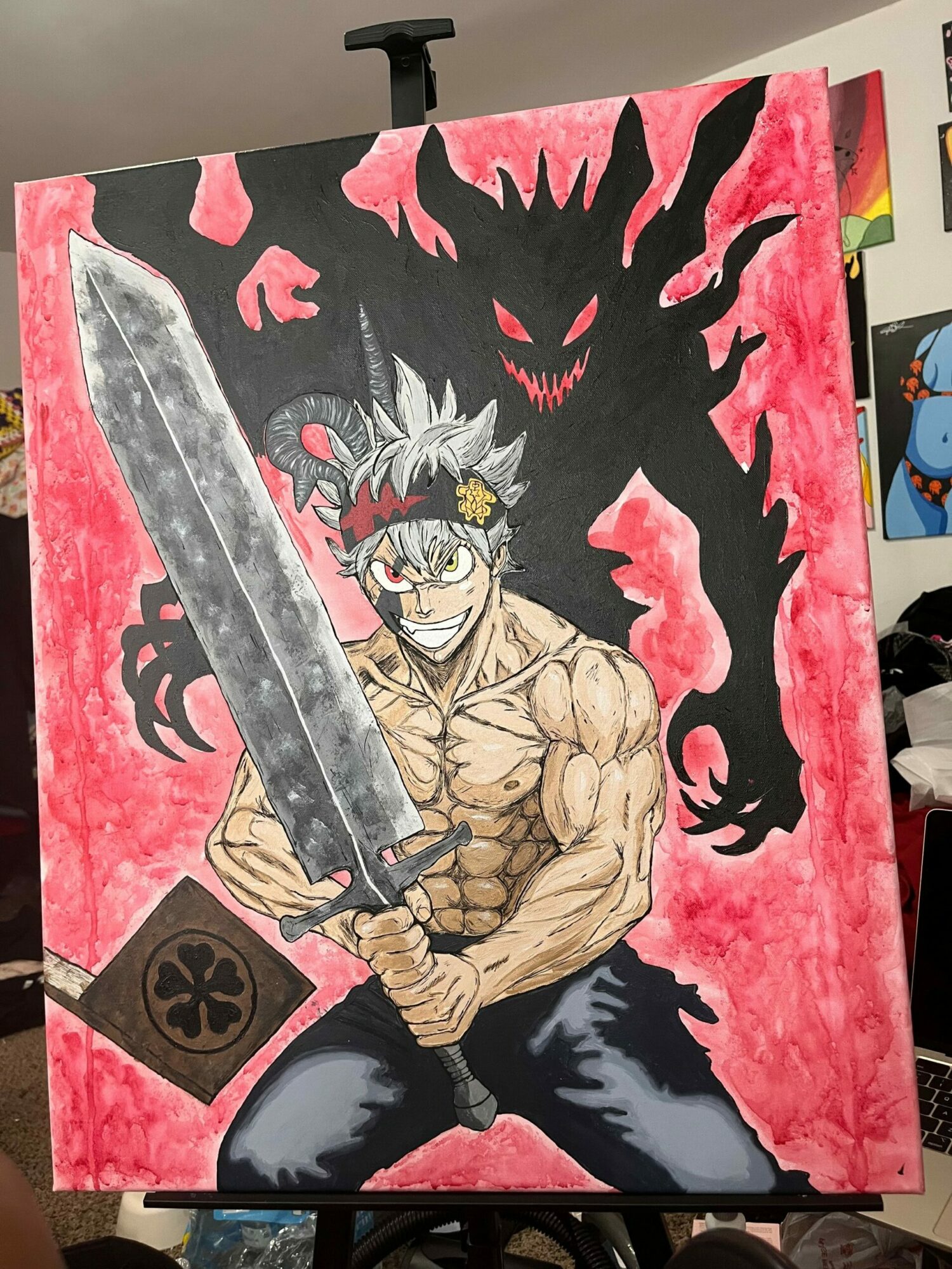 A muscular character with white hair and a flower in their hair wields a large sword, with a dark dragon shadow behind, on a pink background.