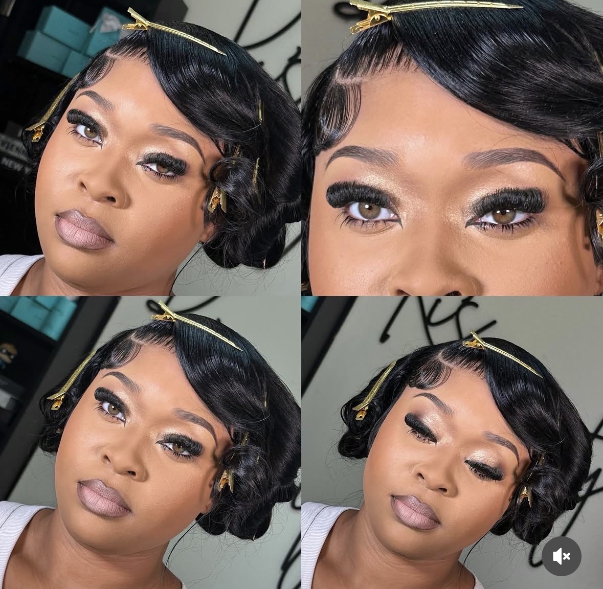 Four close-up images of a woman with styled black hair, makeup, and a gold hair accessory, showing different facial expressions.