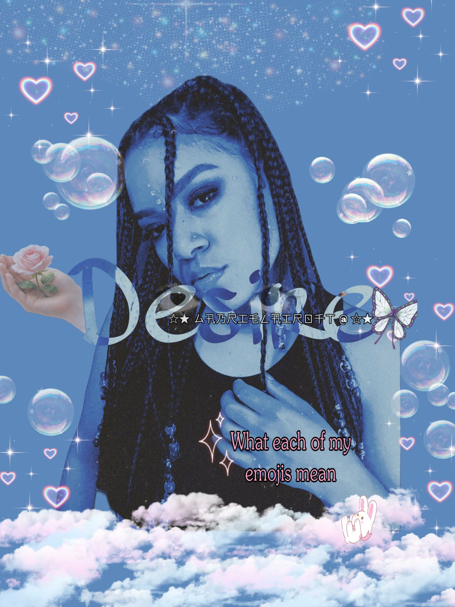 A woman with braided hair holds a pink rose against a blue background with bubbles and heart icons.