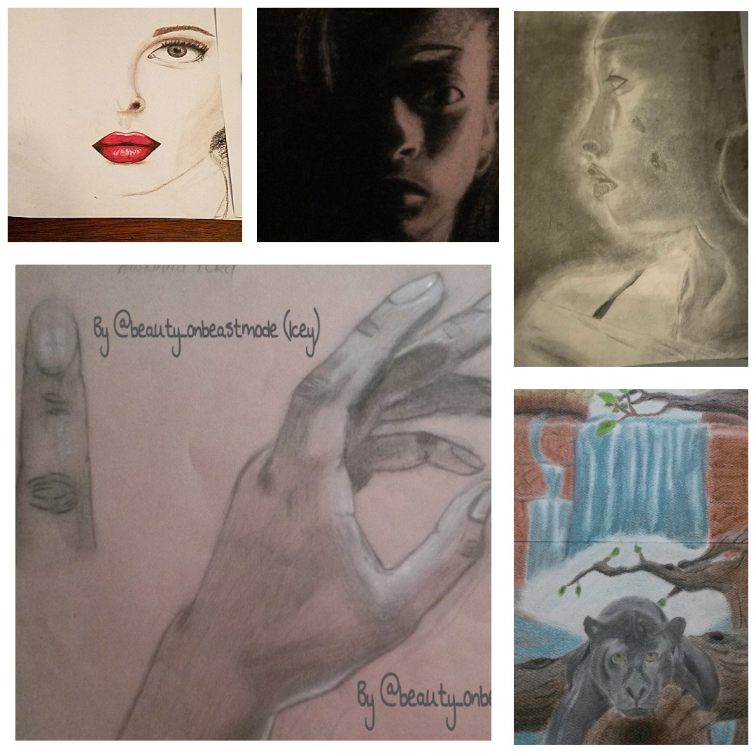 Collection of six images including a drawing of a face, a dark portrait, a moonlit face, a hand sketch, a waterfall scene, and a bear.
