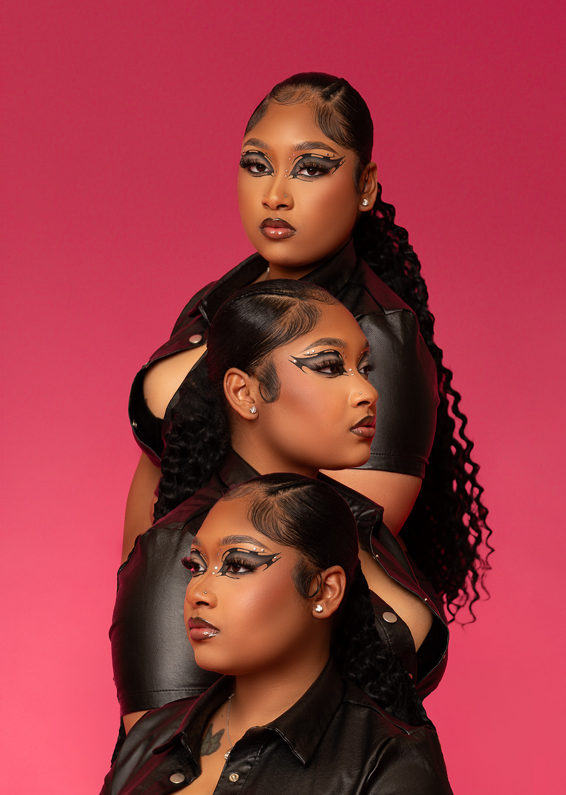 Three women with elaborate makeup and hairstyles pose against a pink background, stacked vertically with serious expressions.