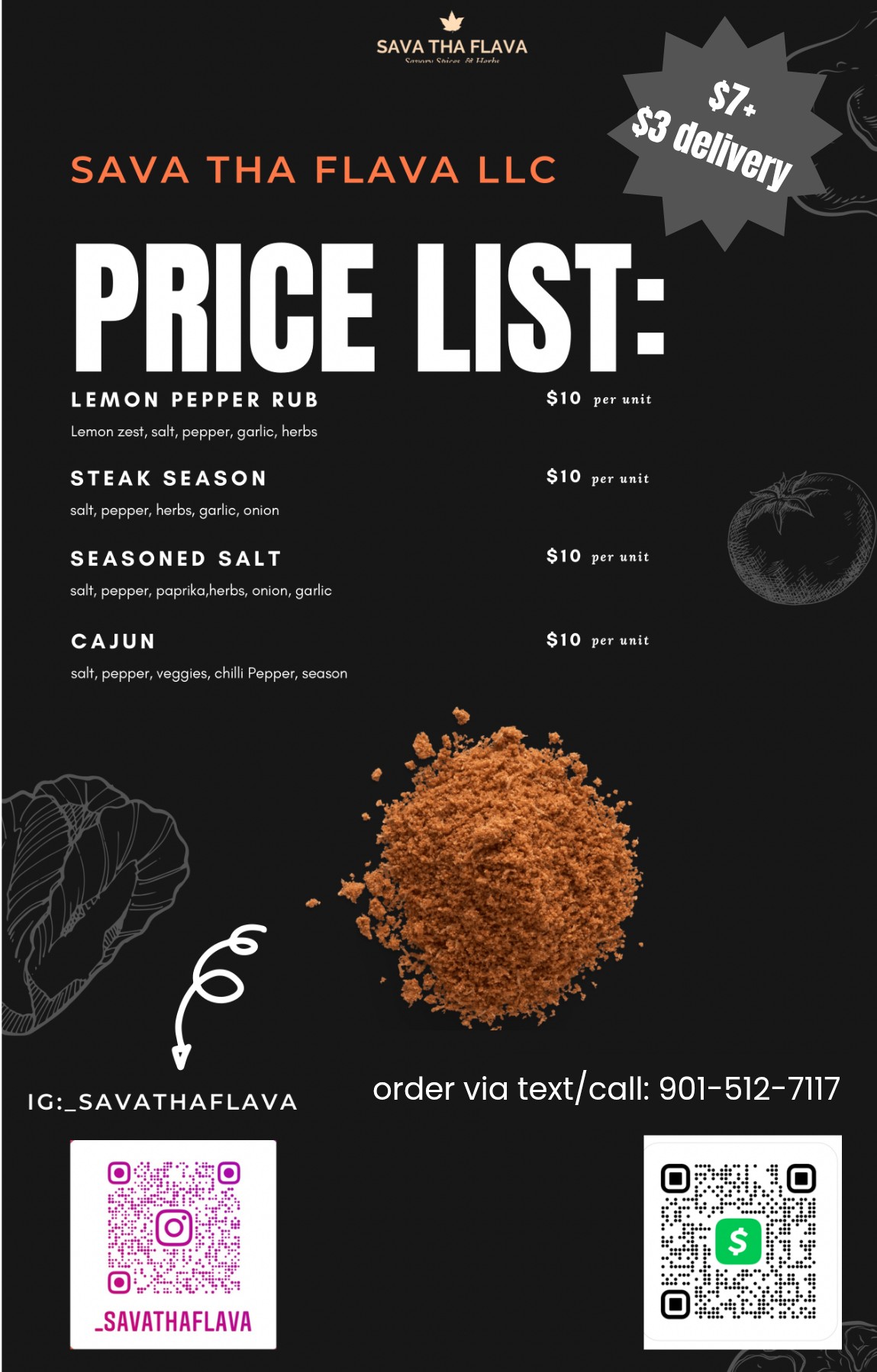 Dark price list poster with bold white lettering, seasoning prices, an orange spice pile, and contact details.
