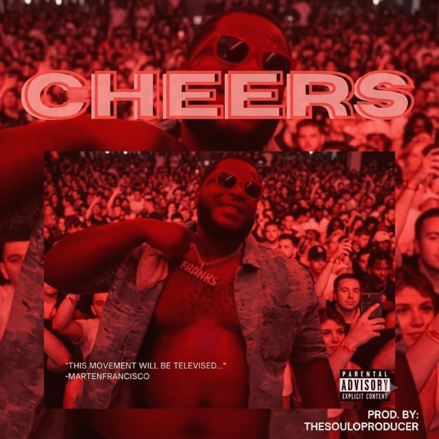 Red-tinted music cover showing a person in sunglasses before a concert crowd, with large “CHEERS” lettering.