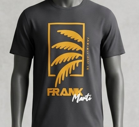 Dark gray T-shirt with a gold palm graphic and “FRANK Marti” text.