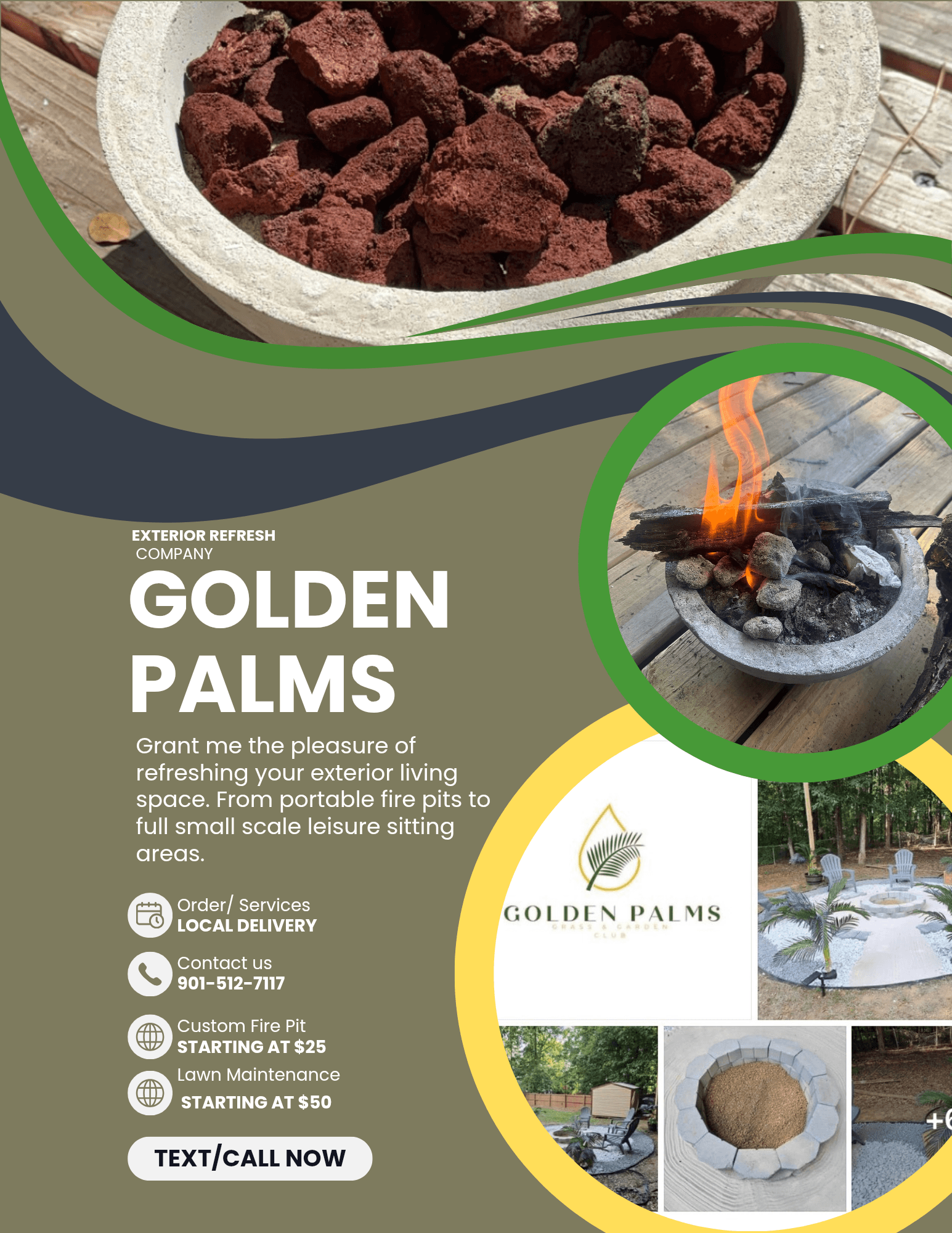 Garden palms landscaping advertisement with a bowl of red rocks, an outdoor fire pit, and service details.