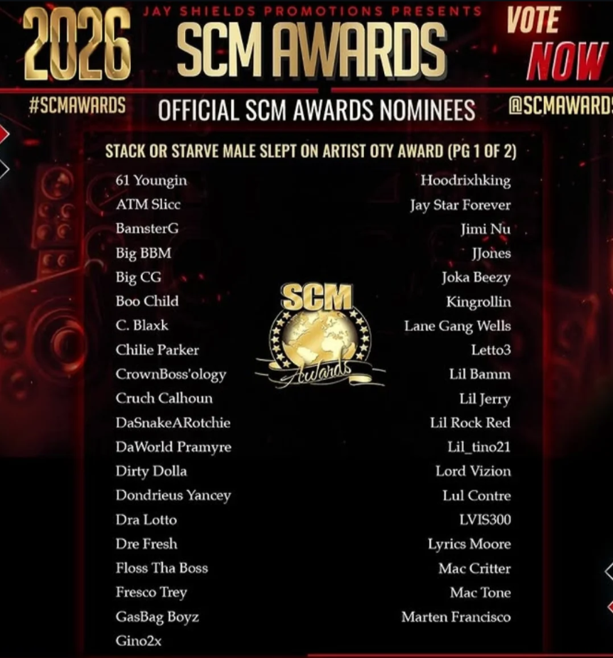 Dark red and black event graphic listing SCM Awards nominees, with a gold award emblem and promotional text.