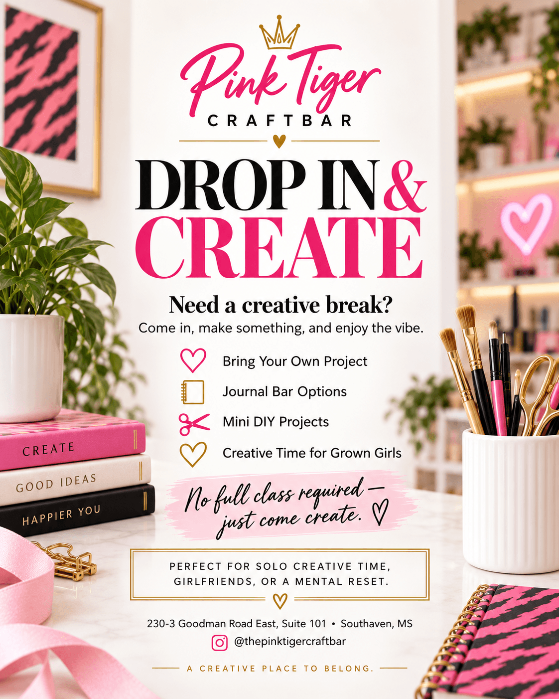 Signboard with pink and black text advertising craft bar event, surrounded by plants and craft supplies, in a cozy room.