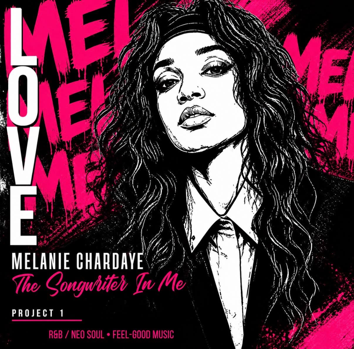 Black and white illustration of a woman with long wavy hair, with pink background and text, promoting Melanie Charday's song.