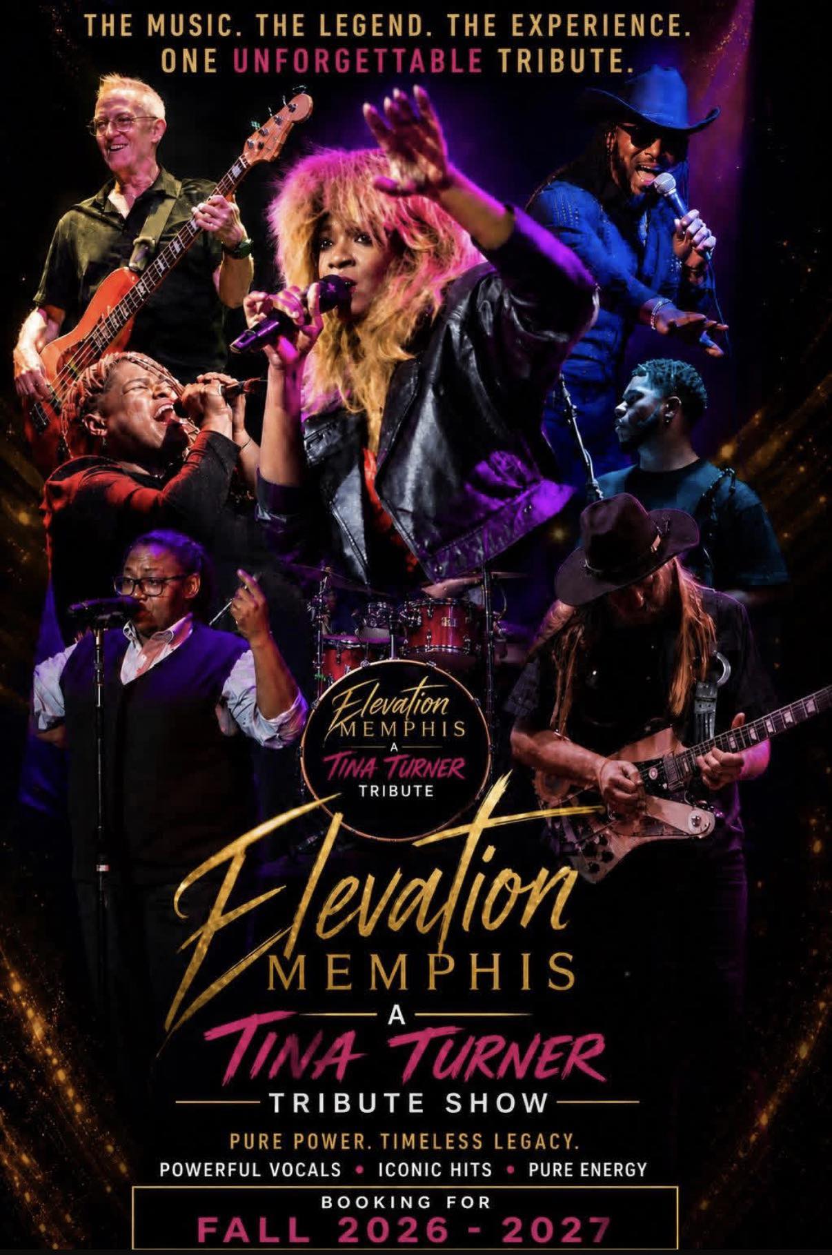 Group of musicians performing on stage with colorful lighting, including singers and guitarists, in a tribute show poster.