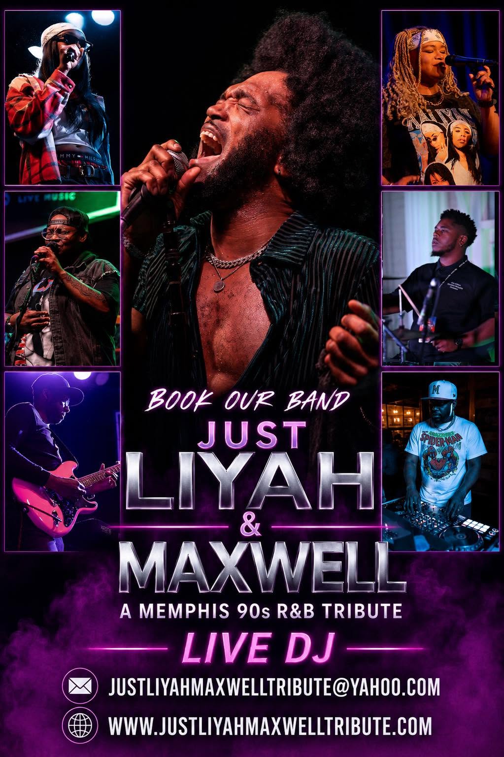 Central singer with an afro passionately performs on stage, surrounded by band members and colorful stage lights.