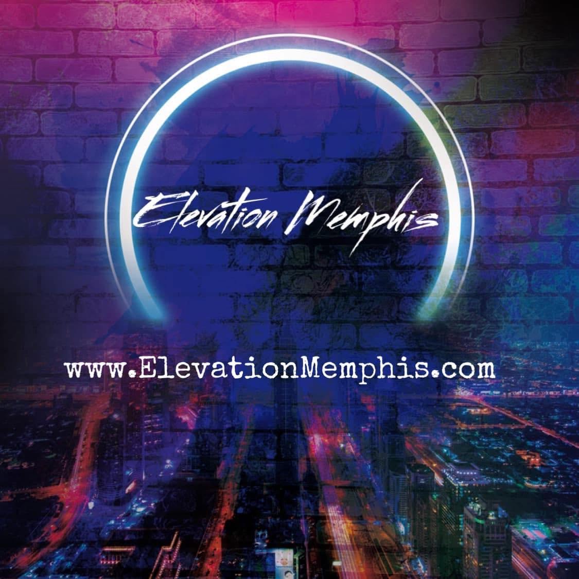 Neon-lit cityscape with a glowing arch and text 'Elevation Memphis' and website URL below.