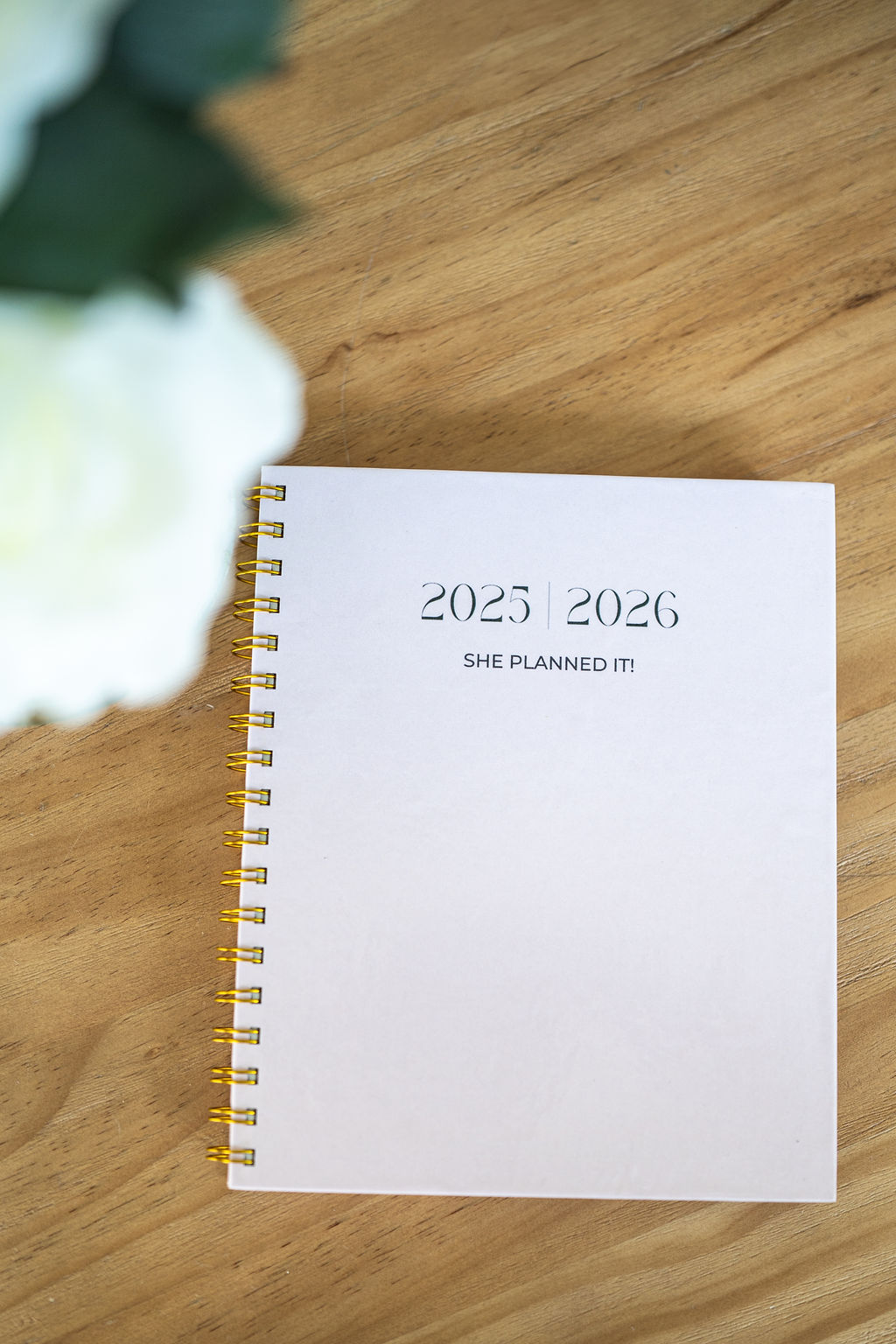 White spiral-bound planner labeled “2025 | 2026” on a wooden surface beside a blurred plant.
