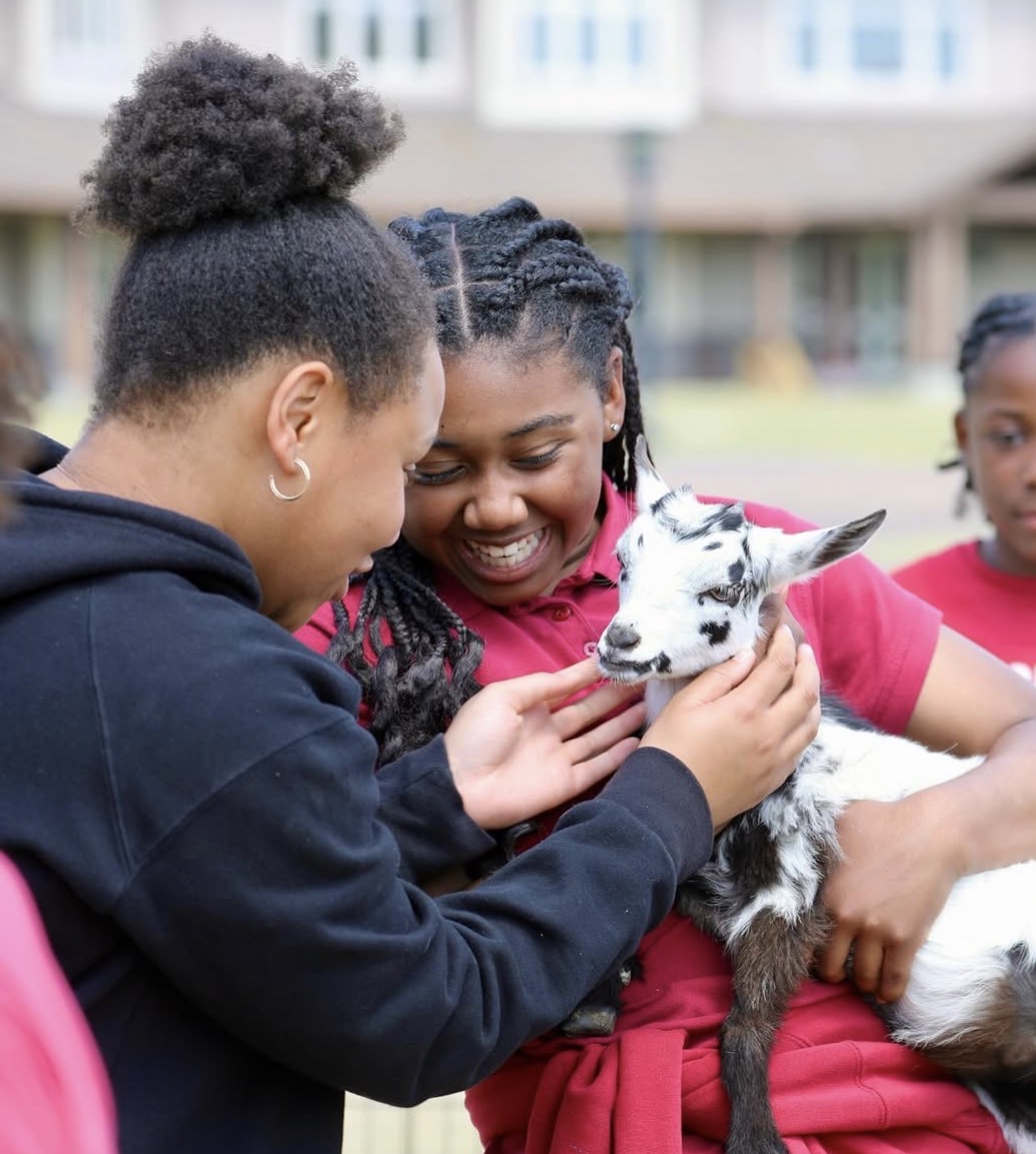 Two people gently pet a small black-and-white goat while another person stands nearby.